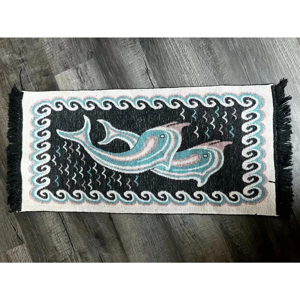 Vintage Woven Dolphin Tapestry Rug Coastal Nautical Teal Pink Black Fringe 28x12